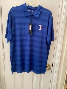 texas rangers man’s  Royal Blue Striped Performance Polo